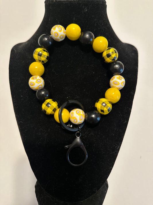 Black and yellow plaid wooden bead bracelet keychain